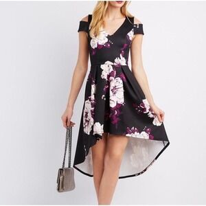Charlotte Russe Black Floral Cold Shoulder High Low Dress Womens Medium V-Neck